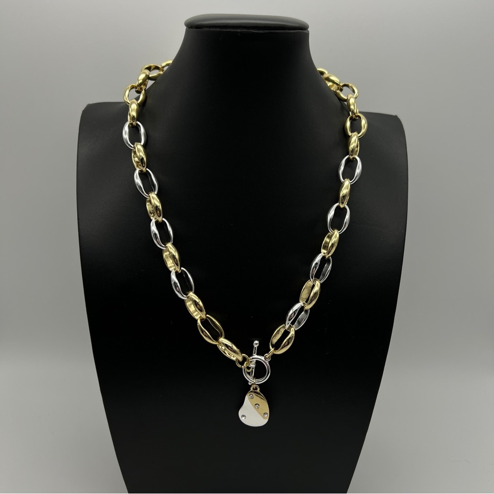 Modern Two-Tone Link Necklace • 14K GP • Toggle • Rhinestone Charm NWT